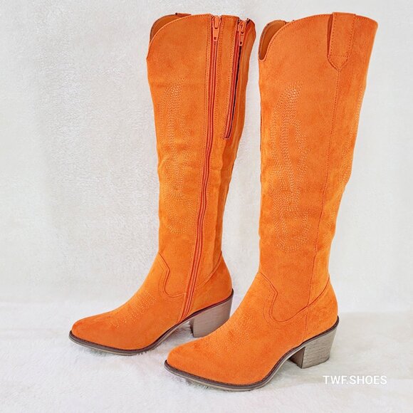 Wild Ones Orange Faux Suede Country Western Cowgirl Knee Boots - Picture 3 of 15